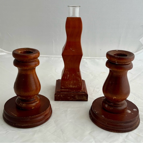 Handmade Other - Vintage Handmade Wooden Candlestick Holders Wooden Propagation Bud Vase Set of 3